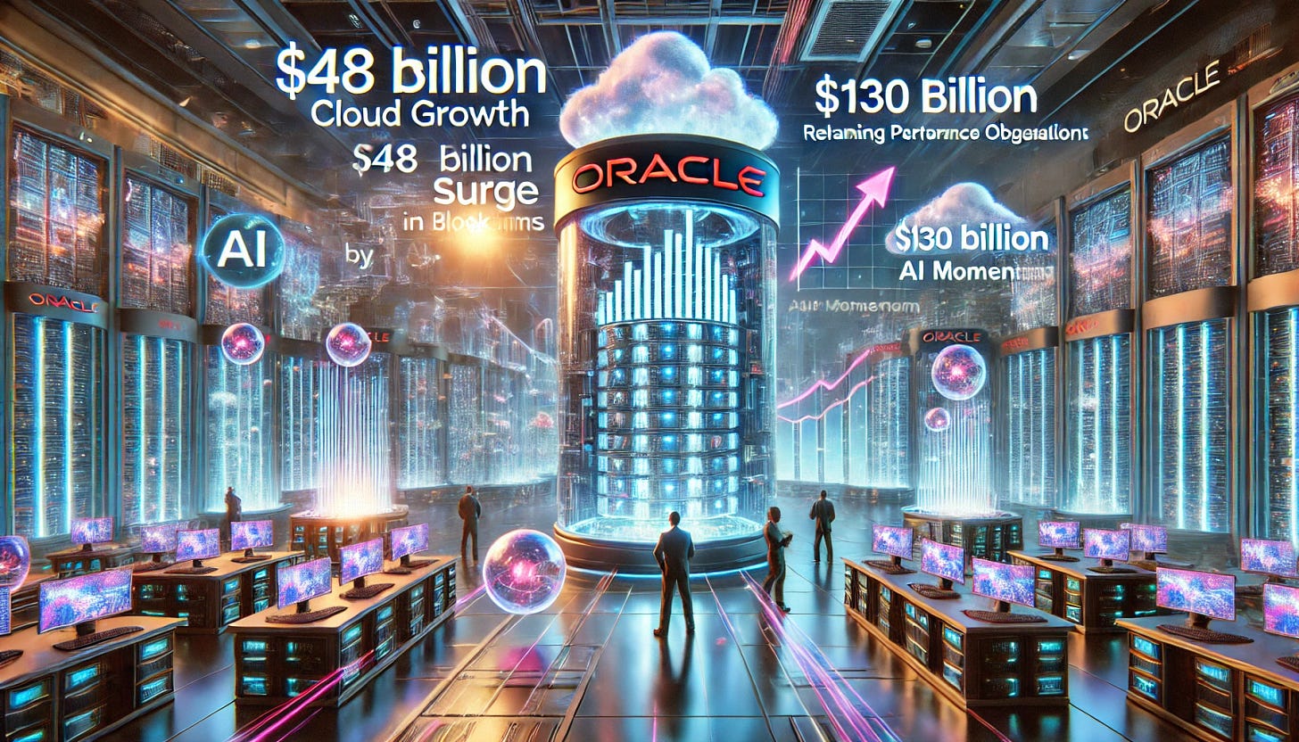 A 16:9 futuristic illustration showcasing Oracle’s record-breaking cloud growth driven by AI momentum. The scene features a high-tech Oracle-branded data center with glowing cloud servers processing massive AI workloads. Holographic financial charts highlight the $48 billion surge in bookings and the $130 billion total remaining performance obligation (RPO). Engineers and robotic systems manage AI-driven cloud infrastructure, symbolizing Oracle’s expansion in AI training and multi-cloud databases. The background features a futuristic city skyline interconnected by vibrant data streams, emphasizing Oracle’s dominance in the cloud era.