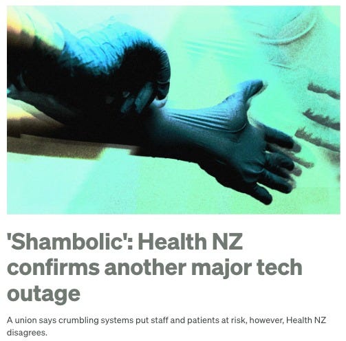 May be an image of text that says "'Shambolic': Health NZ confirms another major tech outage A union says crumbling systems put staff and patientsat at risk, however, Health NZ patients disagrees."