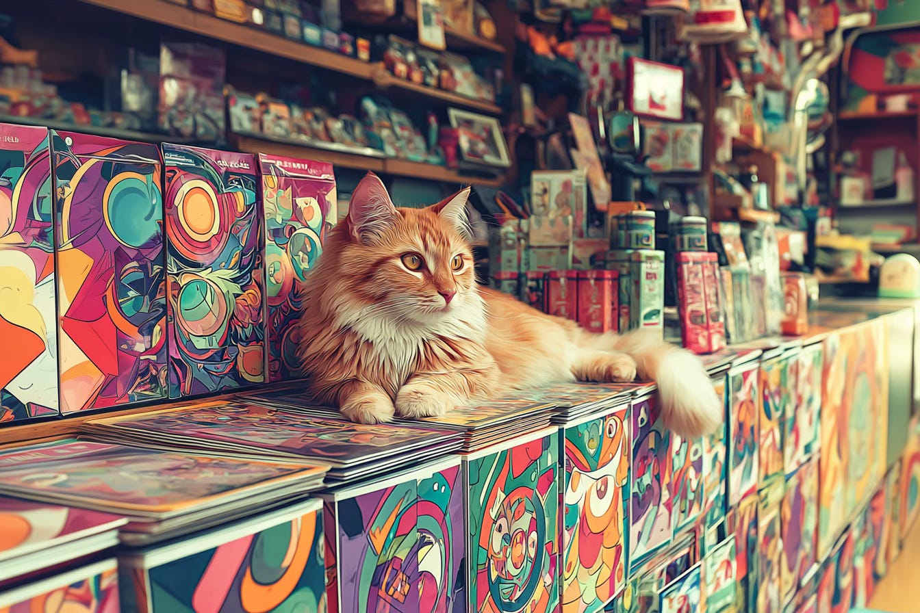 a long-haired ginger cat laying on a stack of chocolate bars on the counter of a convenience store