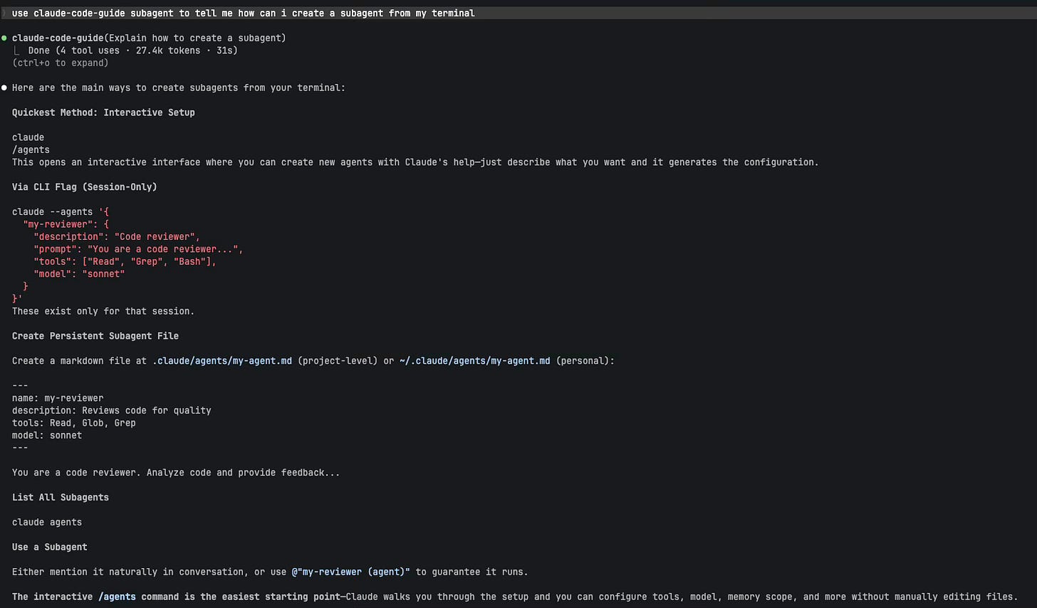 Terminal showing claude-code-guide subagent being called in Claude Code