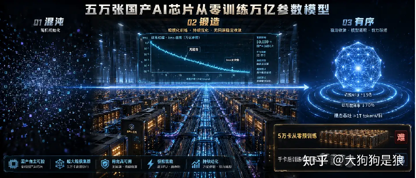 Chinese infographic describing a reported 50,000-card domestic AI chip training run