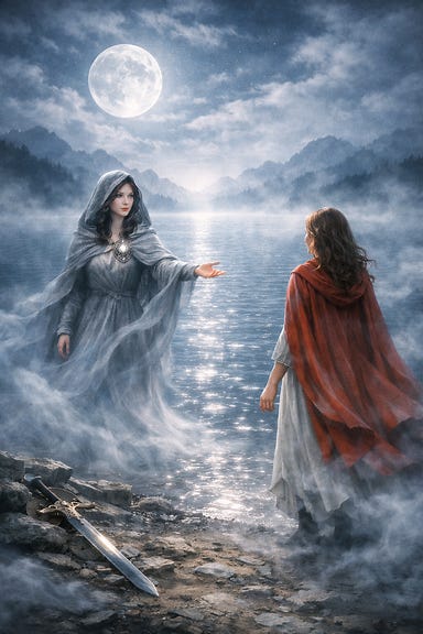 Ezra Goddess of the Mists standing by Lake Zarovich, gray cloak flowing like vapor, one hand extended toward Ireena, moonlight fracturing across misty water, ethereal dream atmosphere