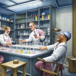 a watercolor painting of a laboratory with people laughing and playing games