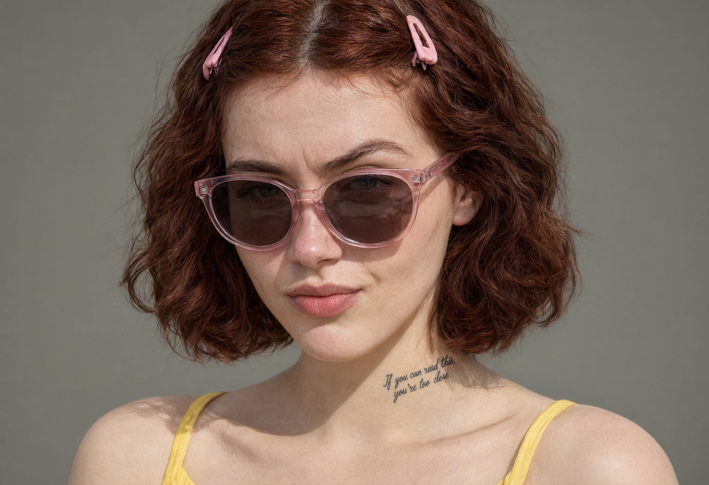A young woman, white British, pale skin, lightly freckled, fine features with pink cupid lips, a slight smirk and one raised eyebrow, short reddish dark wavy hair with pink clips, wearing sunglasses with pink frames, illuminated by bright sunlight. Bare shoulders with the straps of a yellow sundress just visible. A small tattoo on the base of the side of her neck has the text "If you can read this, you’re too close" written in cursive letters. A young woman, white British, pale skin, lightly freckled, fine features with pink cupid lips, a slight smirk and one raised eyebrow, short reddish dark wavy hair with pink clips, wearing sunglasses with pink frames, illuminated by bright sunlight. Bare shoulders with the straps of a yellow sundress just visible. A small tattoo on the base of the side of her neck has the text "If you can read this, you’re too close" written in cursive letters.