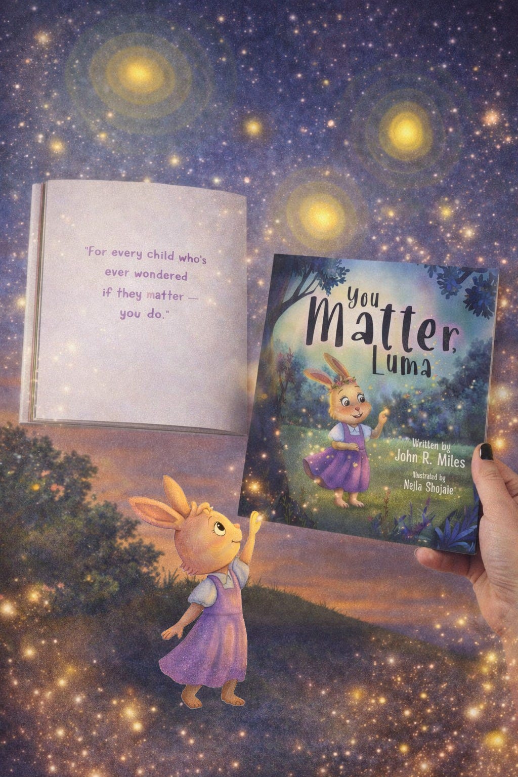 Image of the book, You Matter Luma with the dedication for every child who's every wondered if they matter you do by John R. Miles with ripples in the sky Image of the book, You Matter Luma with the dedication for every child who's every wondered if they matter you do by John R. Miles with ripples in the sky