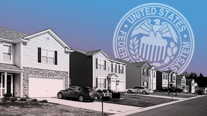 A montage of a row of homes and the US Federal Reserve seal 