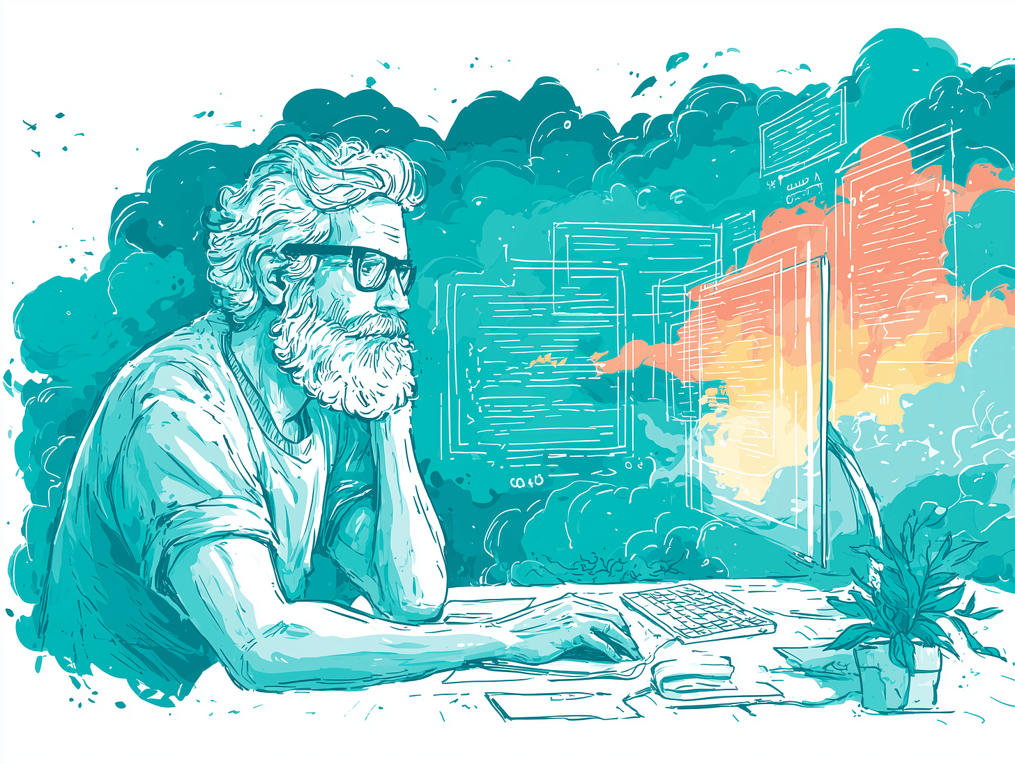 I feel like this man at a computer with holographic tabs flying around him is a pretty good representation of how I feel when I'm using an AI to code. Lot's of underlying thoughts moving fast and it's hard to keep up.