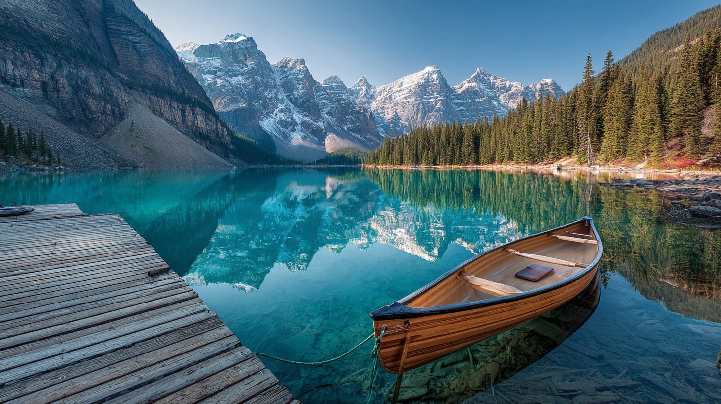 Glacial lake in the Canadian Rockies with a canoe and pine forest backdrop. Glacial lake in the Canadian Rockies with a canoe and pine forest backdrop.