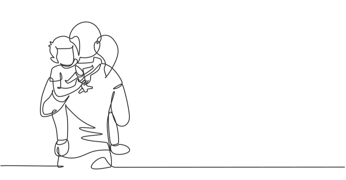 One continuous line drawing of young mother hugging her sleepy son while holding airplane toy at home, family life. Happy parenting concept. Dynamic single line draw design vector graphic illustration