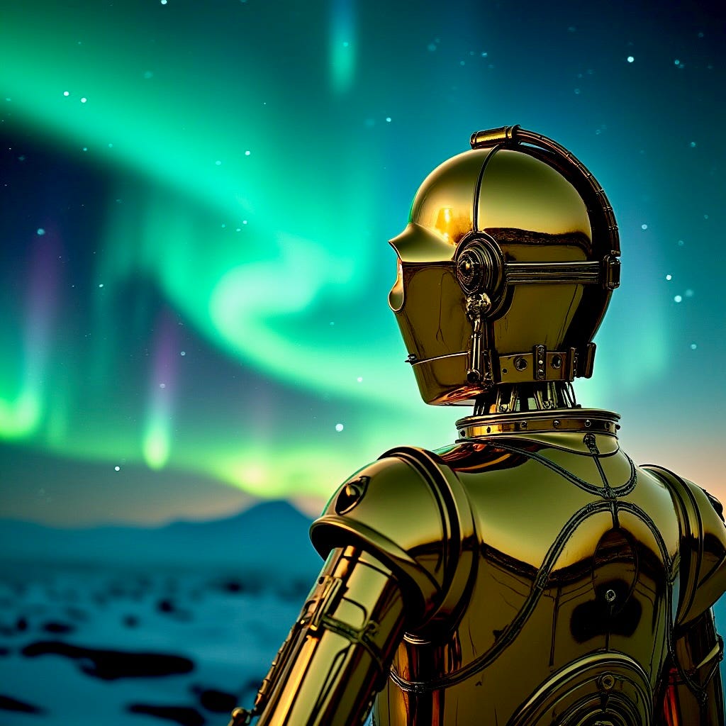 A robot in front of a northern lights

AI-generated content may be incorrect.
