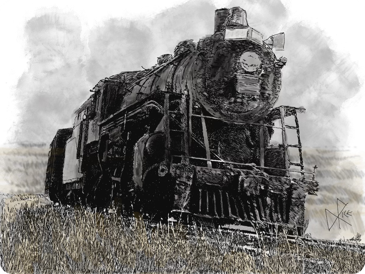 Steam locomotive, on the prairies. Sketch art by Don Rice. Steam locomotive, on the prairies. Sketch art by Don Rice.