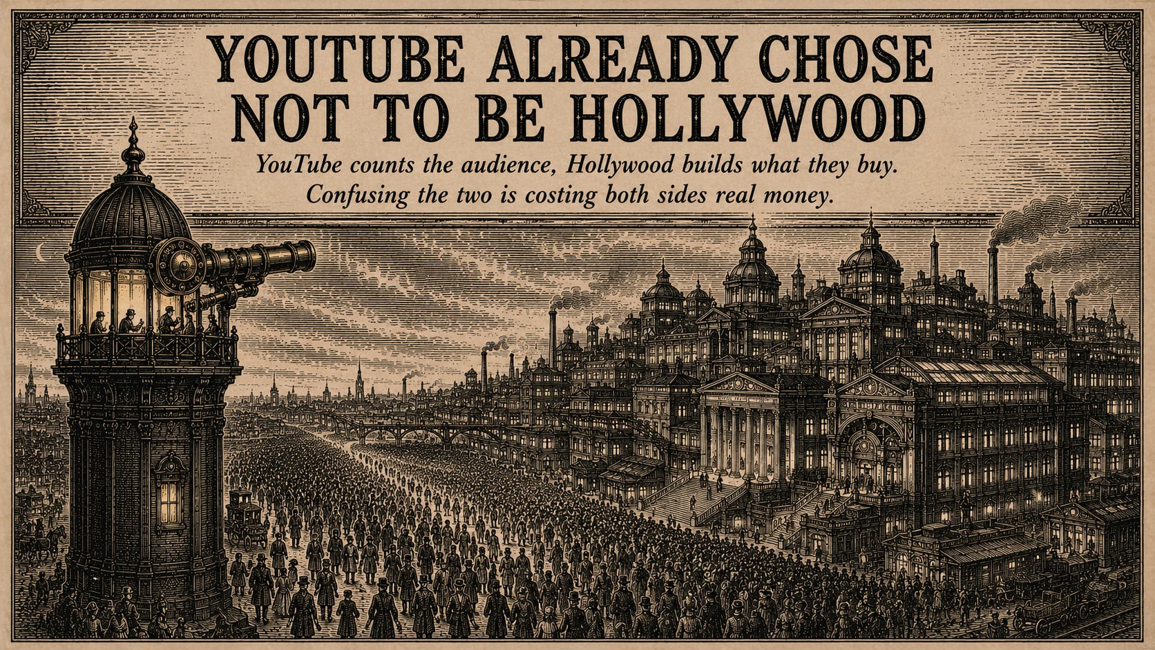 Wood-engraving magazine-cover illustration in the Thomas Nast Harper's Weekly style for Attention Capital's essay YouTube Already Chose Not to Be Hollywood, with the title and the subtitle "YouTube counts the audience. Hollywood builds what they buy. Confusing the two is costing both sides real money." set as an engraved Victorian masthead across the upper band. Below the masthead, a brass counting tower watches a crowded city square while an interconnected city of banks, theaters, and studios receives the crowd. The cover carries the essay's argument as a self-contained share image: the platform counts audiences, the studio system converts them, and nobody took over anything. Keywords: YouTube vs Hollywood, creator economy, media finance, audience measurement, attention capital.
