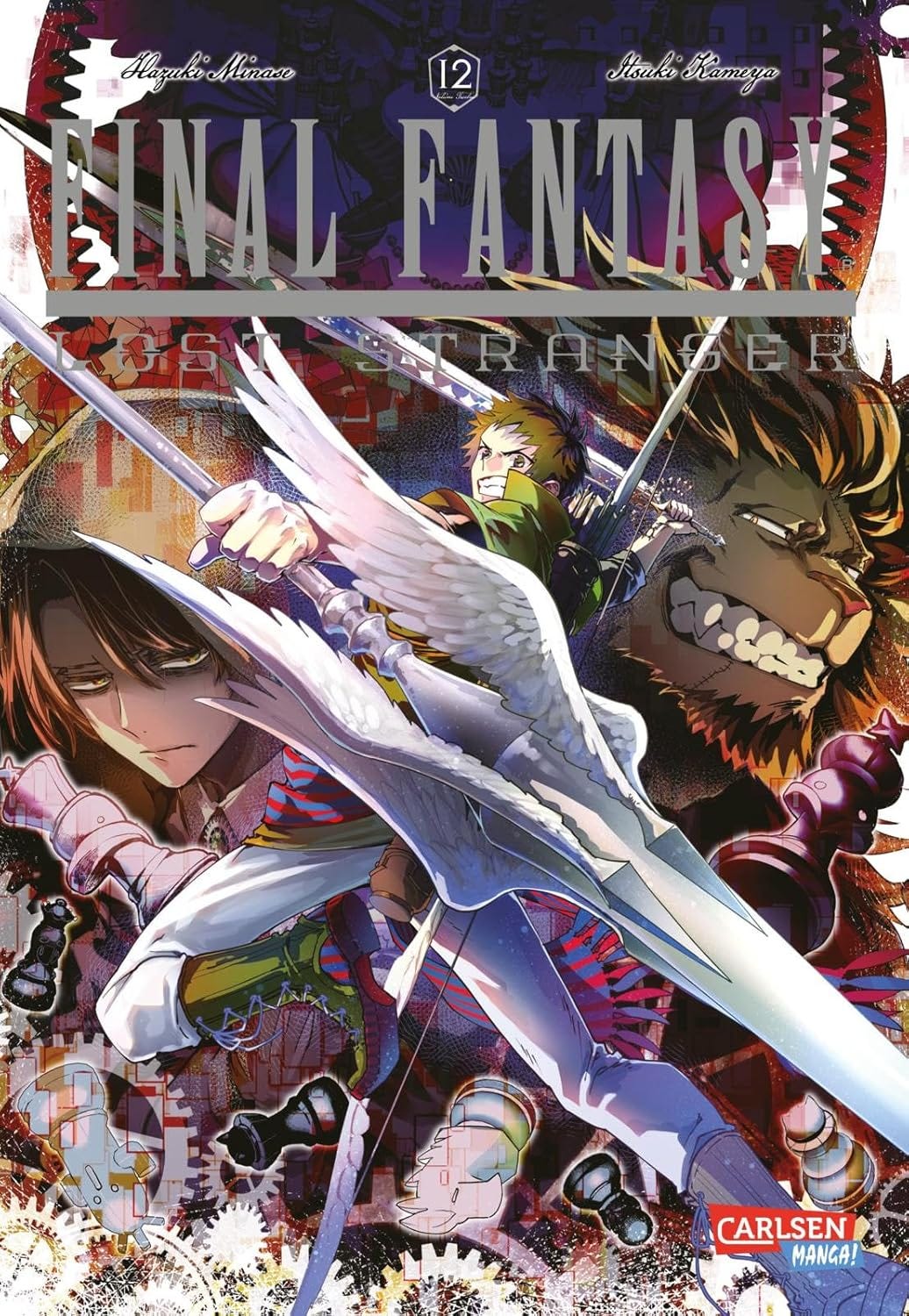 Cover of Final Fantasy: Lost Stranger Volume 12, featuring vibrant anime-style artwork of three central characters in dynamic poses, including a winged warrior wielding a glowing spear, a determined archer, and a fierce beast-like fighter. The background is filled with stylized gears, chess pieces, and magical effects, creating a dramatic fantasy atmosphere. The title appears in bold metallic letters across the top, with the Carlsen Manga! logo at the bottom.