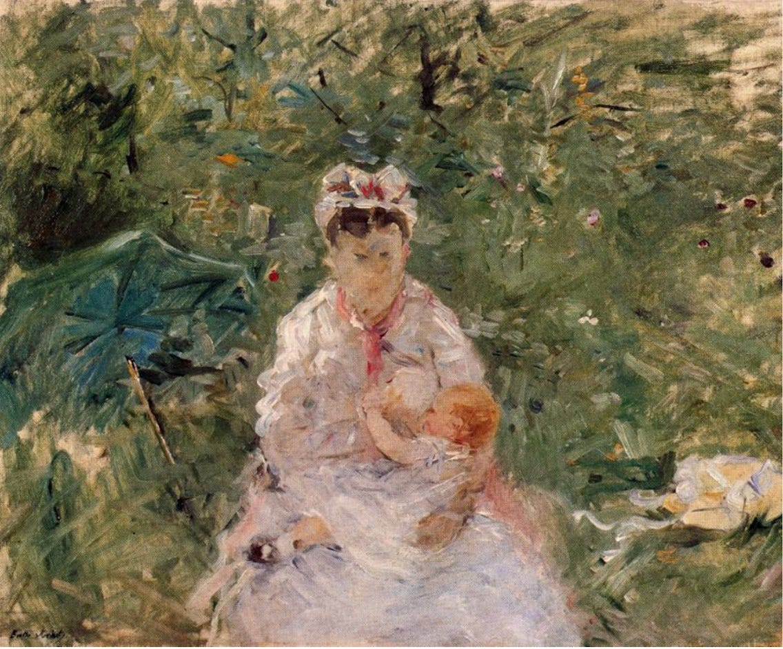Wet nurse nursing baby; an umbrella off to side, garden flowers and trees all around them