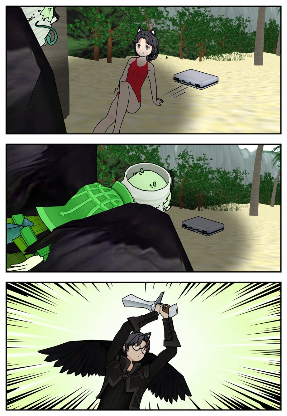 Rae shoves the briefcase aside. The dragon follows the briefcase, and Ruff summons a sword into his hands.