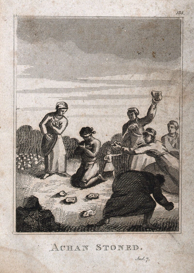 Achan is stoned to death for stealing the spoils of the fall of Jericho.  Line engraving. | Wellcome Collection