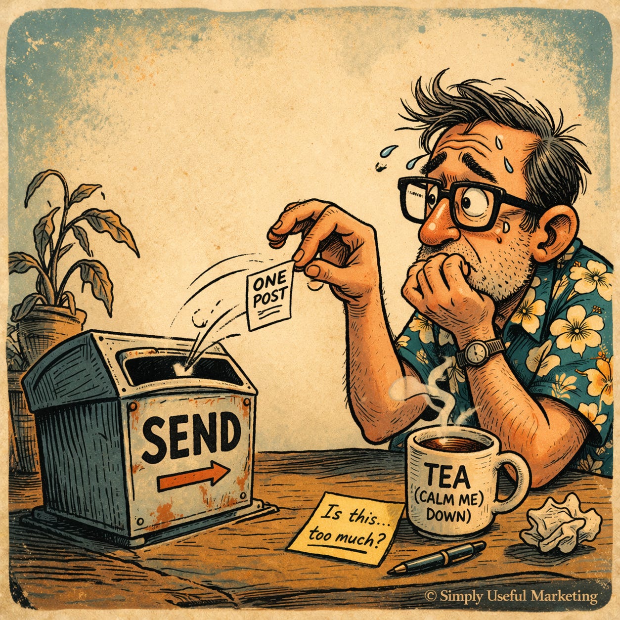 Guinness-style illustration of a nervous man in a floral Hawaiian shirt gingerly dropping one tiny note labeled “ONE POST” into a large mailbox marked “SEND.” He looks worried that this single small message might be too much, while a steaming tea mug, a note reading “Is this… too much?”, and an otherwise quiet table emphasize the absurdly cautious mood.