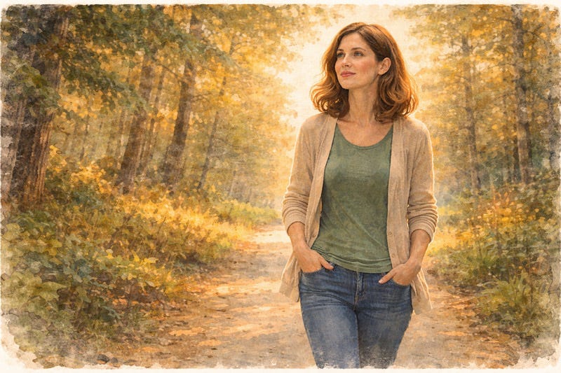 Woman walking peacefully in nature, embodying sensitivity and a deep sense of awareness. Woman walking peacefully in nature, embodying sensitivity and a deep sense of awareness.