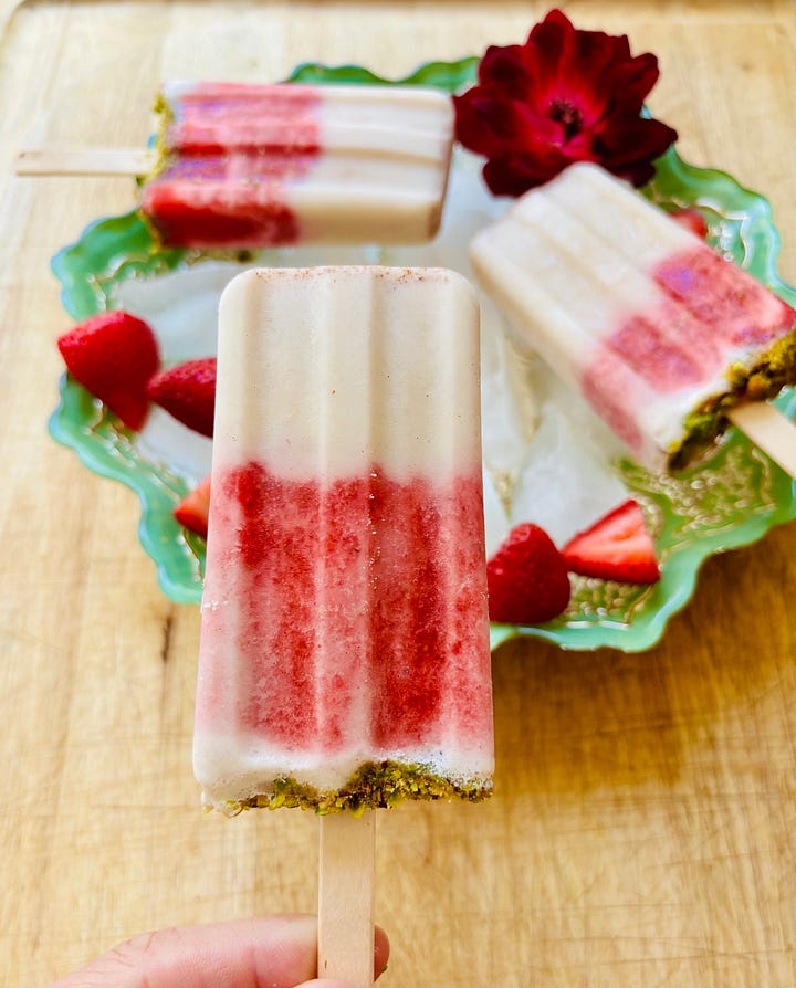 Easy hummus, homemade zhoug, rosewater spritz, and strawberry rose pistachio pops.