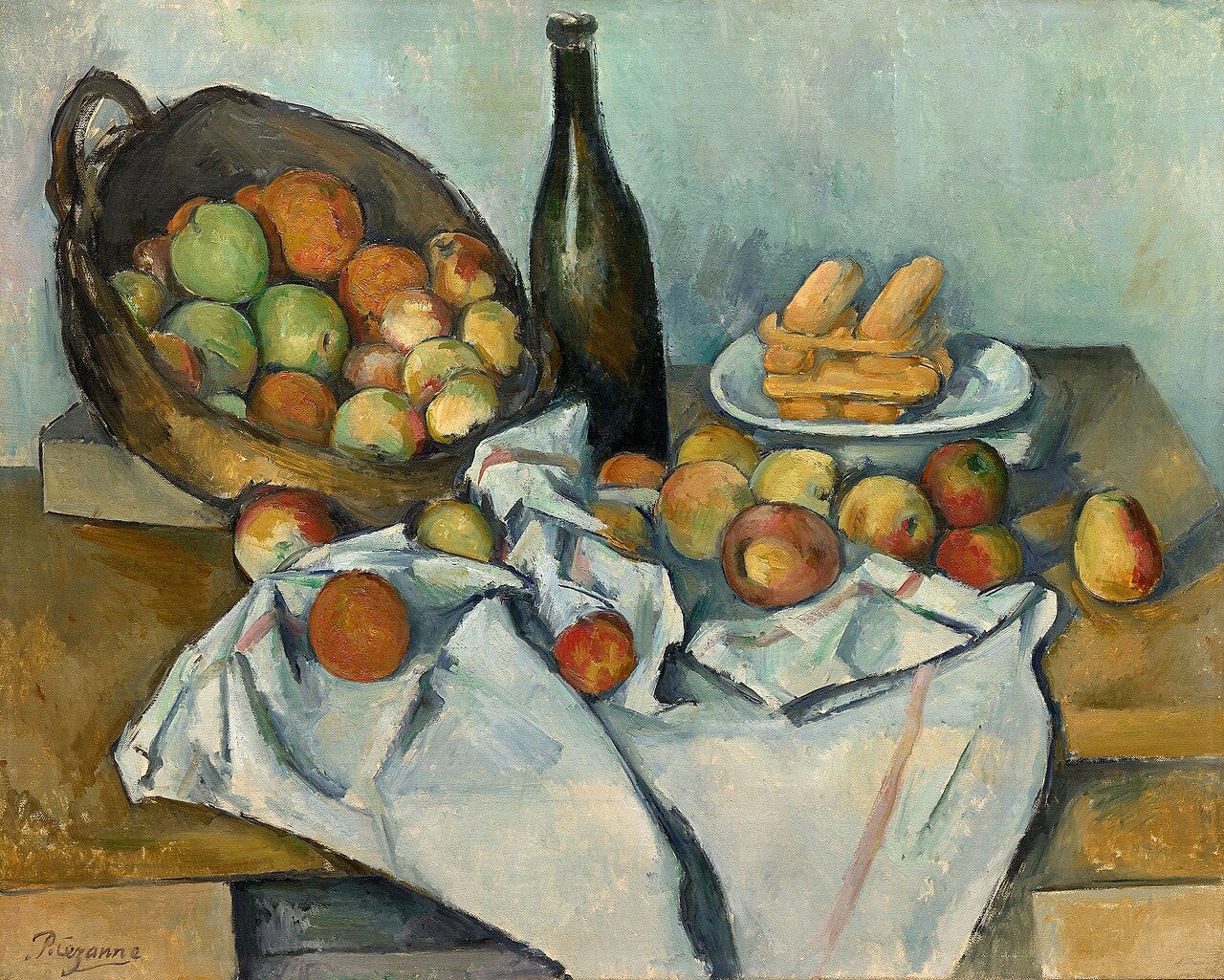 Paul Cézanne, The Basket of Apples, a tilted still life of fruit and bread