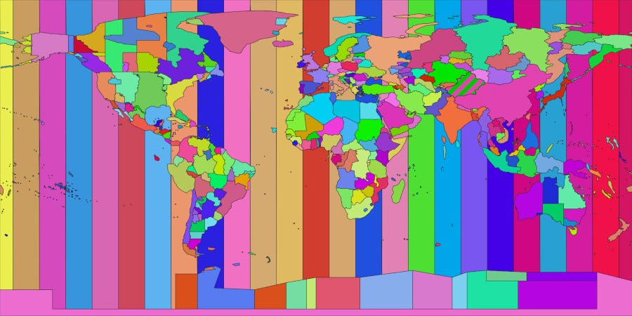 World map with confusing, luridly-coloured time zones. World map with confusing, luridly-coloured time zones.