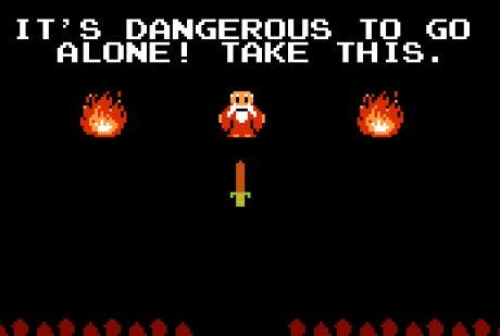 A video game snapshot where an NPC old man tells the protagonist, "It's dangerous to go alone! Take this." The protagonist is presented with a sword.