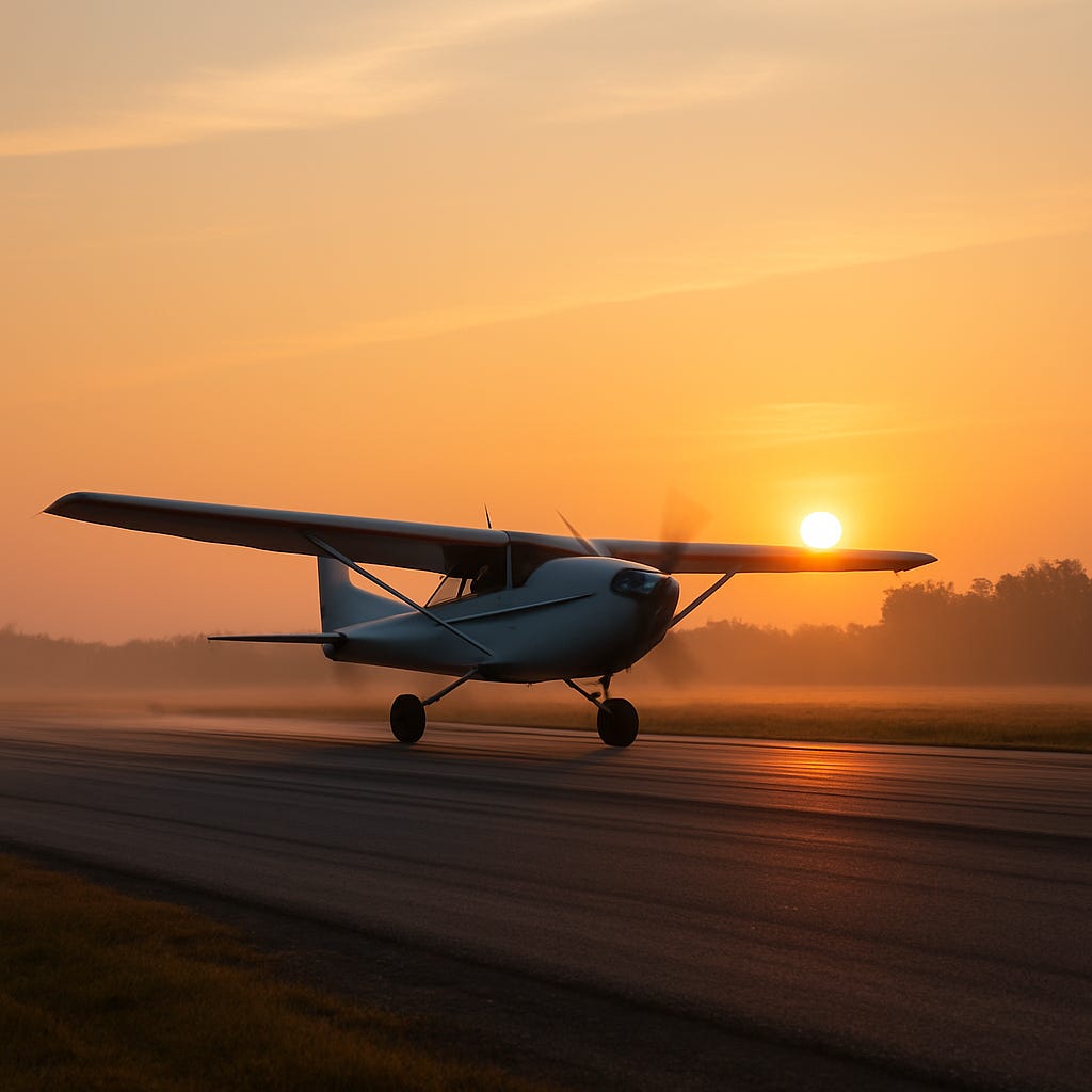 A small single-engine plane performs a touch-and-go landing on a rural runway at sunrise, surrounded by golden light and morning mist.