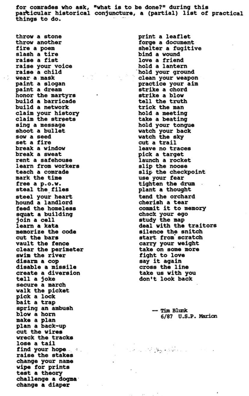 🦋🌸Gimme the Lute🌸🦋 סלע on X: "for comrades who ask “what is to be done?“ during this particular historical conjuncture, a (partial) list of practical things to do by Tim Blunk (a 🦋🌸Gimme the Lute🌸🦋 סלע on X: "for comrades who ask “what is to be done?“ during this particular historical conjuncture, a (partial) list of practical things to do by Tim Blunk (a