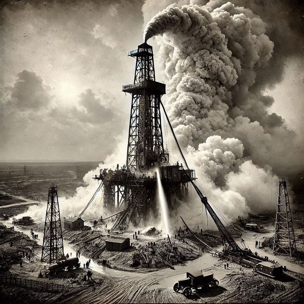 drilling derrick at Spindletop Hill near Beaumont, Texas, produces an enormous gusher of crude oil in 1901