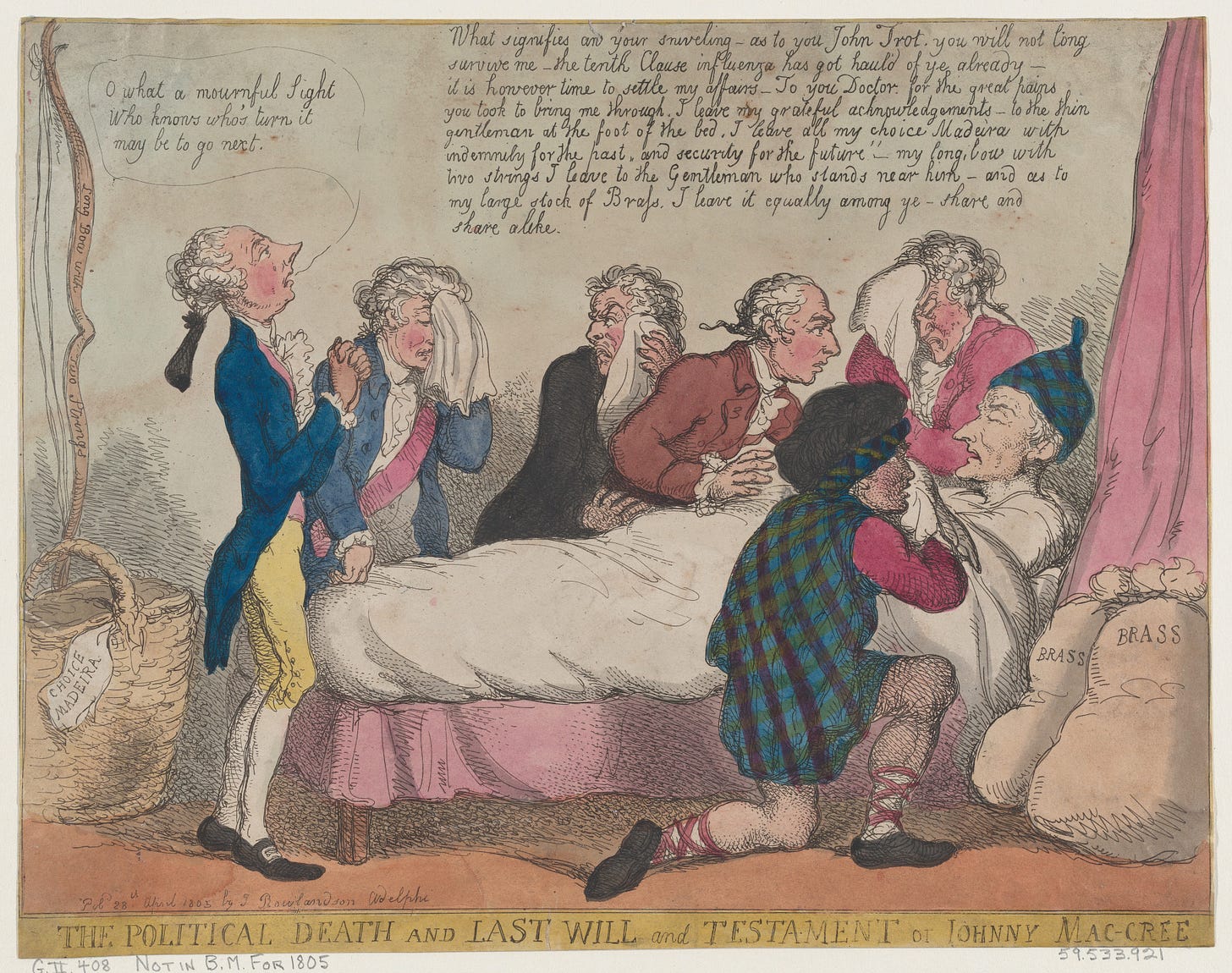 The Political Death and Last Will and Testament of Johnny Mac-Cree, Thomas Rowlandson (British, London 1757–1827 London), Hand-colored etching The Political Death and Last Will and Testament of Johnny Mac-Cree, Thomas Rowlandson (British, London 1757–1827 London), Hand-colored etching