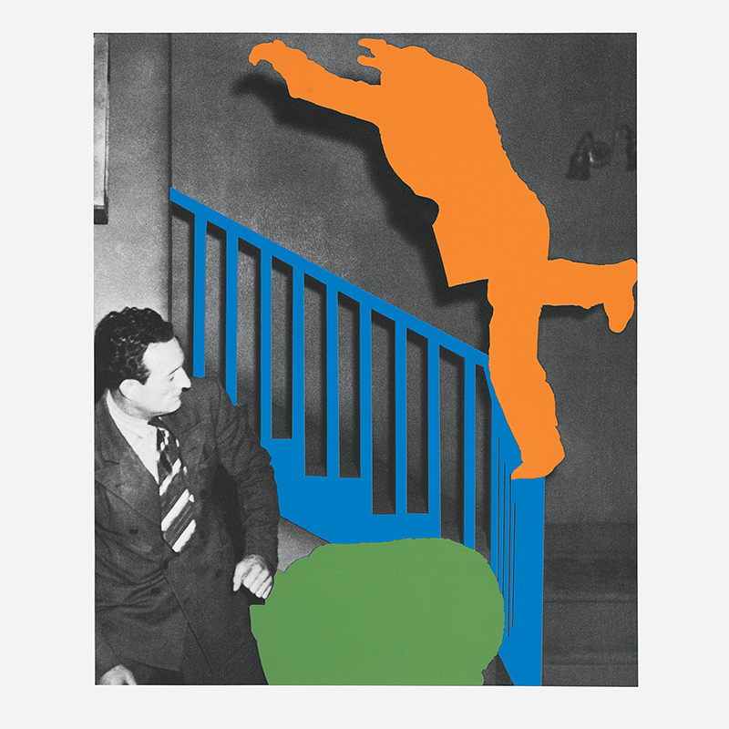 A black-and-white photograph of a man in a suit and tie, identified as Page McConnell, standing near a blue staircase. An orange silhouette of a person leaping is superimposed over the staircase. A green shape partially obscures the lower part of the image.