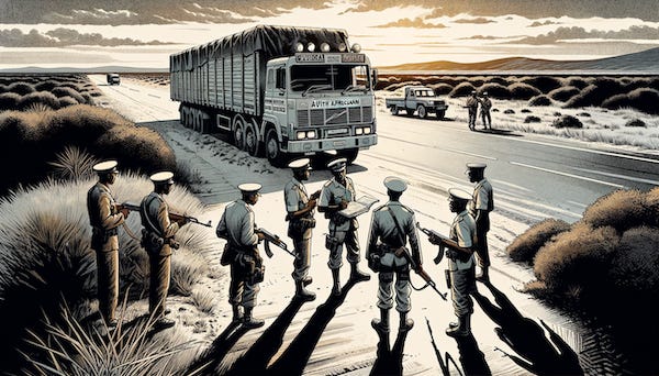 DALL·E 2024-03-01 19.25.18 - A scene depicting a truck stopped by the police at the South African border during the afternoon. African policemen, armed with guns, are inspecting t copy.png