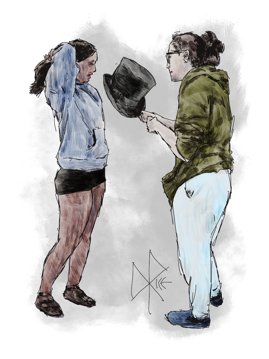 Two teen girls enjoy a visit to a second hand shop, trying on various hats. Sketch art by Don Rice. Two teen girls enjoy a visit to a second hand shop, trying on various hats. Sketch art by Don Rice.