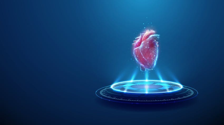 Heart on futuristic podium with neon lighting