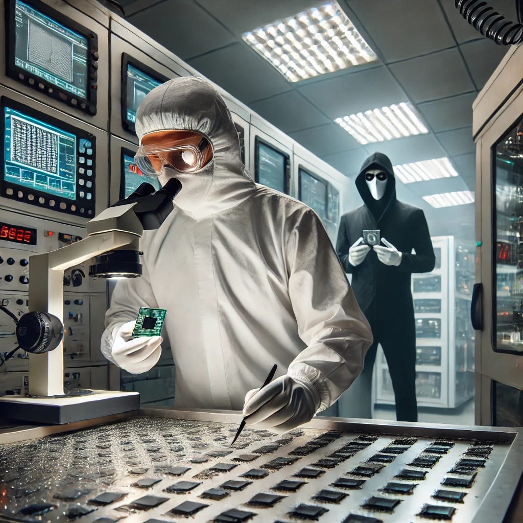A high-tech chip manufacturing clean room filled with advanced equipment and bright white lighting. In the center, an engineer in a full cleanroom suit (white coveralls, face mask, goggles) is focused on inspecting a semiconductor wafer. In the corner of the room, an industrial spy wearing a dark, sleek outfit and partially hidden behind a machine is subtly trying to get the engineer's attention with a small, secretive gesture. The spy appears suspicious, holding a small device or microchip. The atmosphere is tense and secretive, with strong contrasts between the sterile environment and the shady spy.