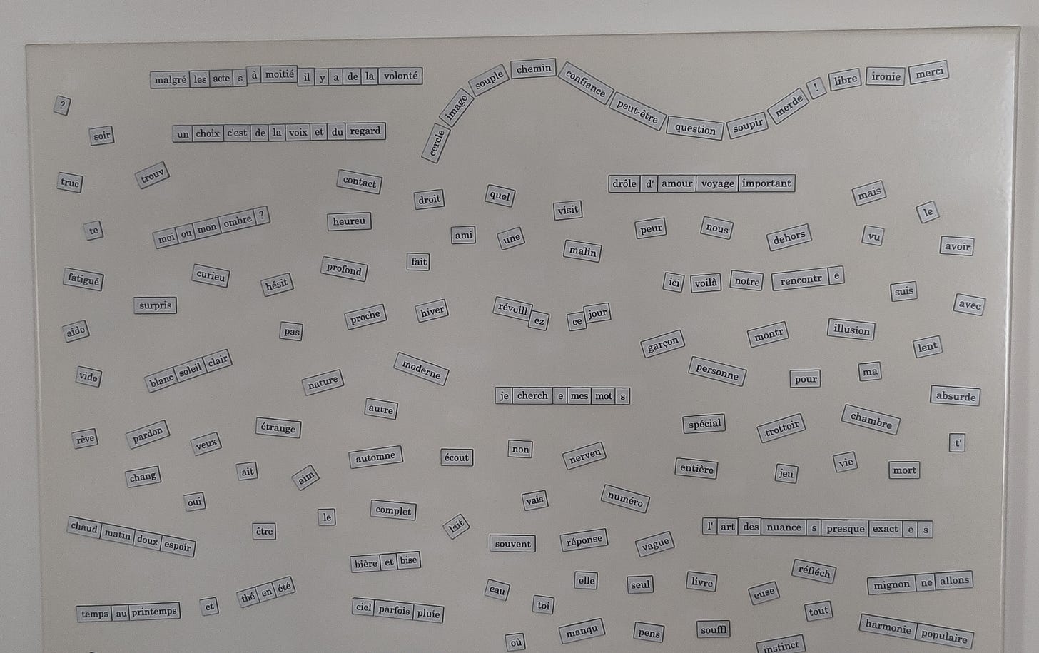 Fotografia di una lavagna magnetica bianca su cui sono attaccate delle piccole parole magnetiche con testo nero su sfondo anch'esso bianco