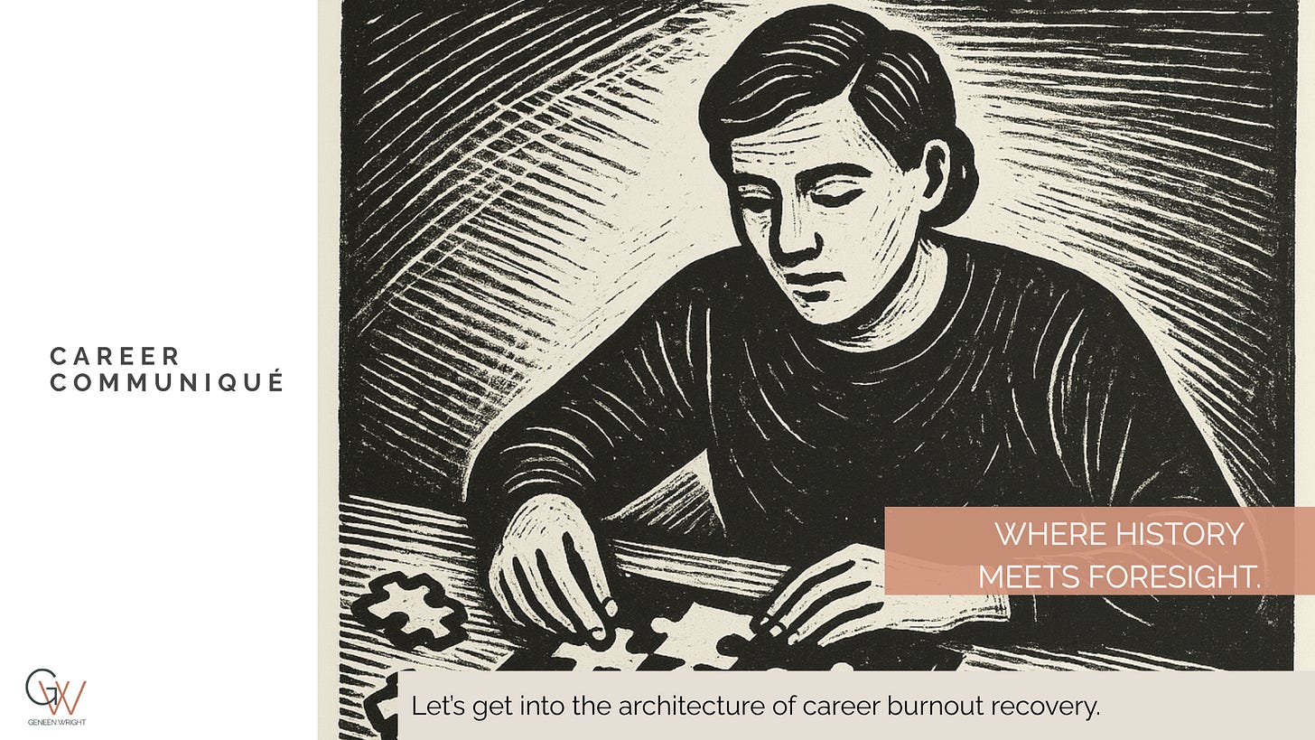 Black-and-white woodcut-style illustration of a person focused on assembling a puzzle at a table. The figure leans in with calm concentration, placing pieces into an incomplete grid. Bold carved lines create texture and movement, suggesting the process of rebuilding clarity and structure. Used for Career Communiqué’s article on career burnout recovery.