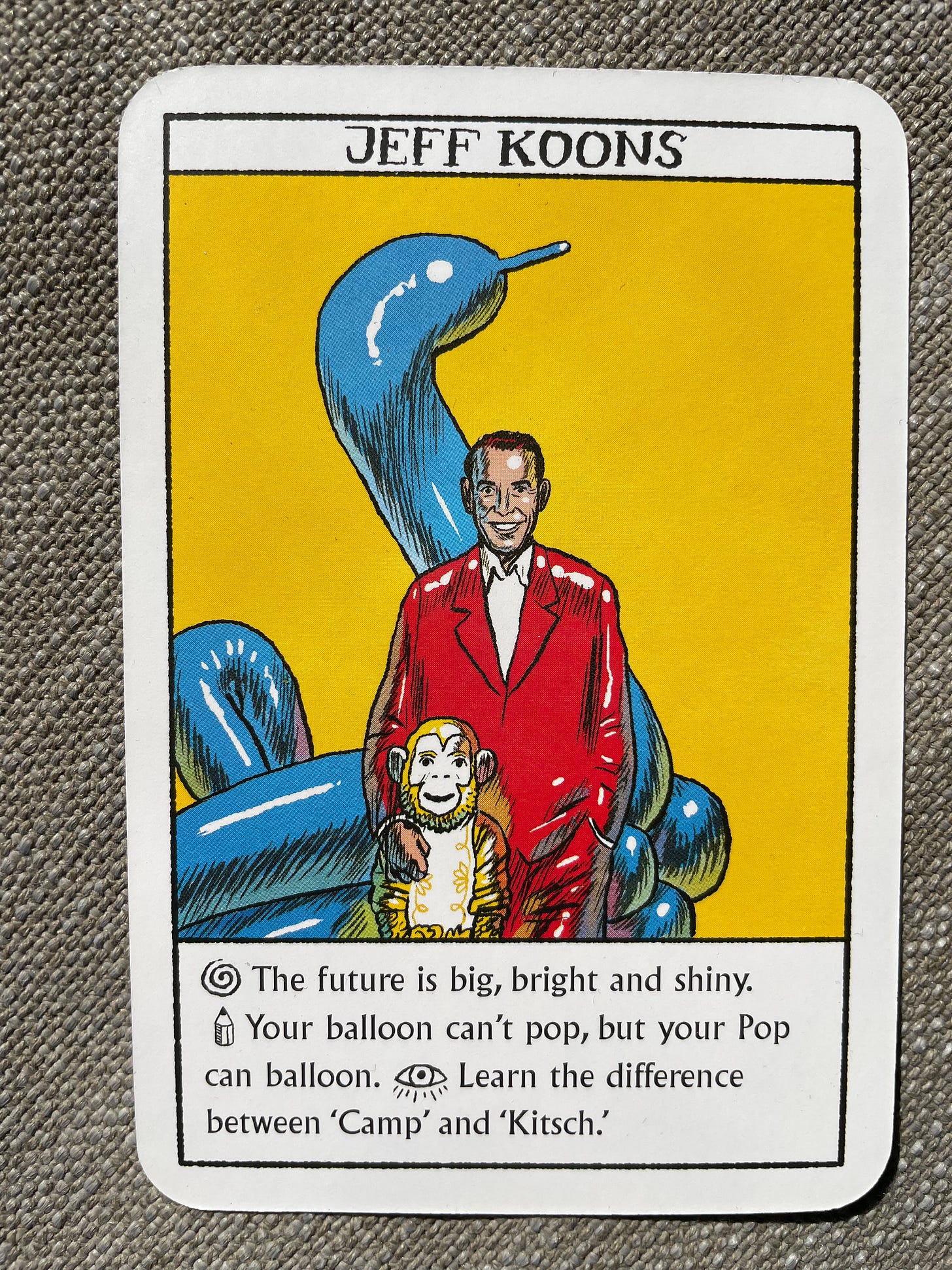 A painting of Jeff Koons. The background is yellow, and there's a blue balloon swan behind him. He's wearing a red suit, and his suit seems as shiny as the swan due to white spots that create the illusion of reflection. He's smiling bigly.