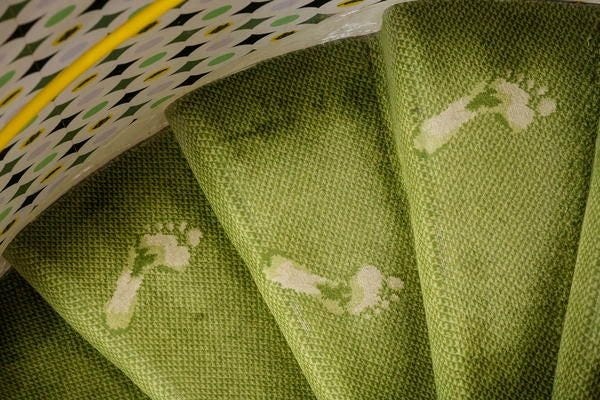 Le tapis d'Edward James, sur lequel il a fait broder l'empreinte des pieds mouillés de Tilly Losch, sa femme, sortant du bain. Le tapis d'Edward James, sur lequel il a fait broder l'empreinte des pieds mouillés de Tilly Losch, sa femme, sortant du bain.