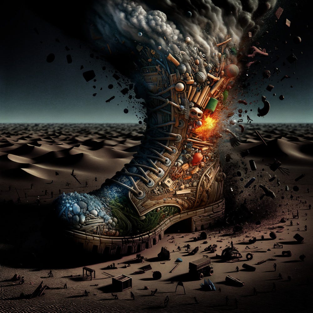 A boot made up of multiple smaller elements, exploding in a desert