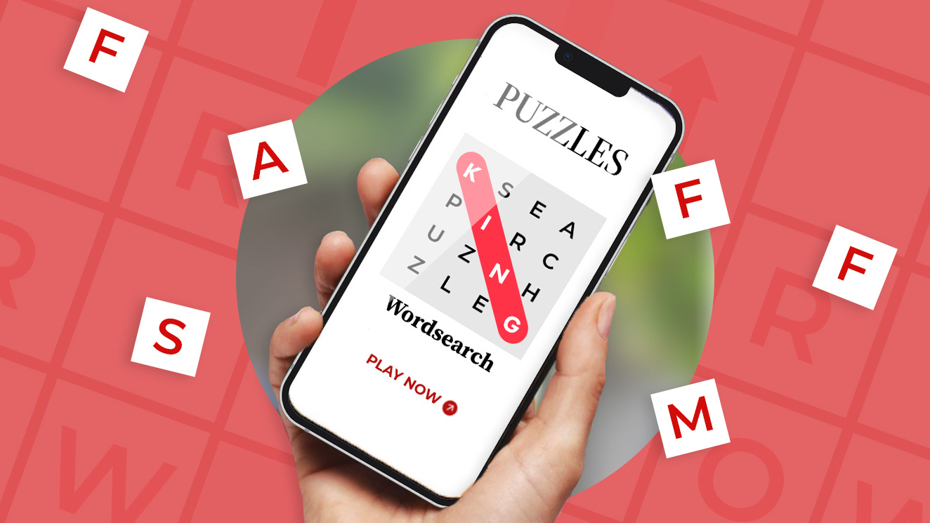 Cut-out of iPhone with a wordsearch on the screen against a red background Cut-out of iPhone with a wordsearch on the screen against a red background