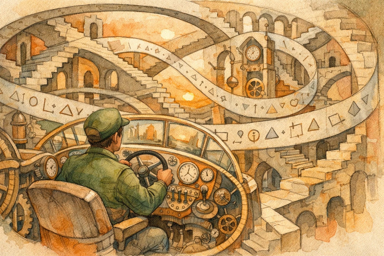 MC Escher surreal technical illustration of an Intent Driver steering a clockwork system through impossible stairs with a visible guardrail of constraints.