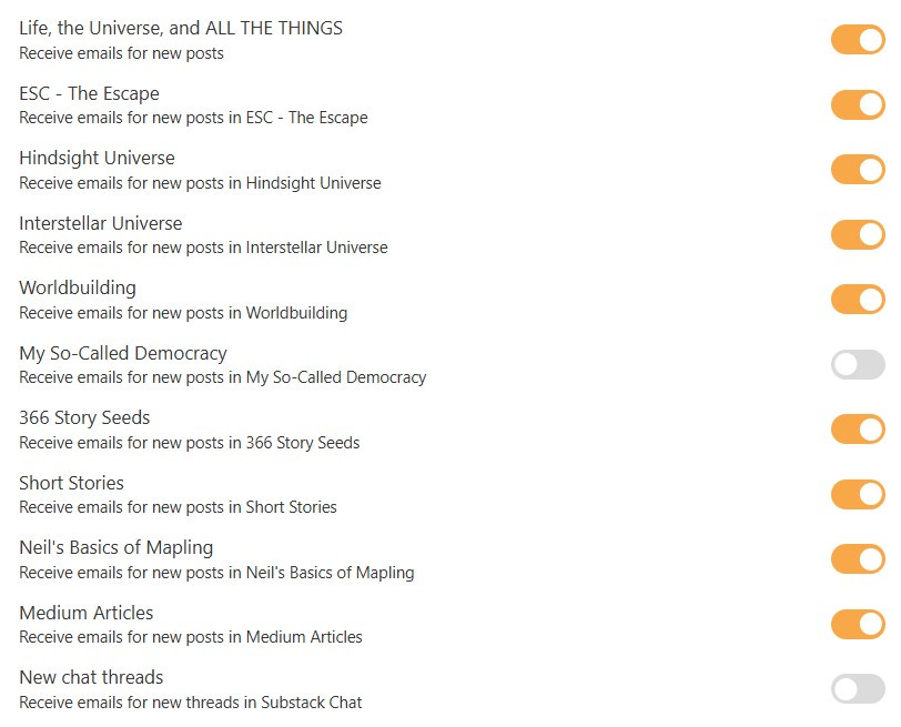 A list of Substack Sections, some of which are toggled to OFF.
