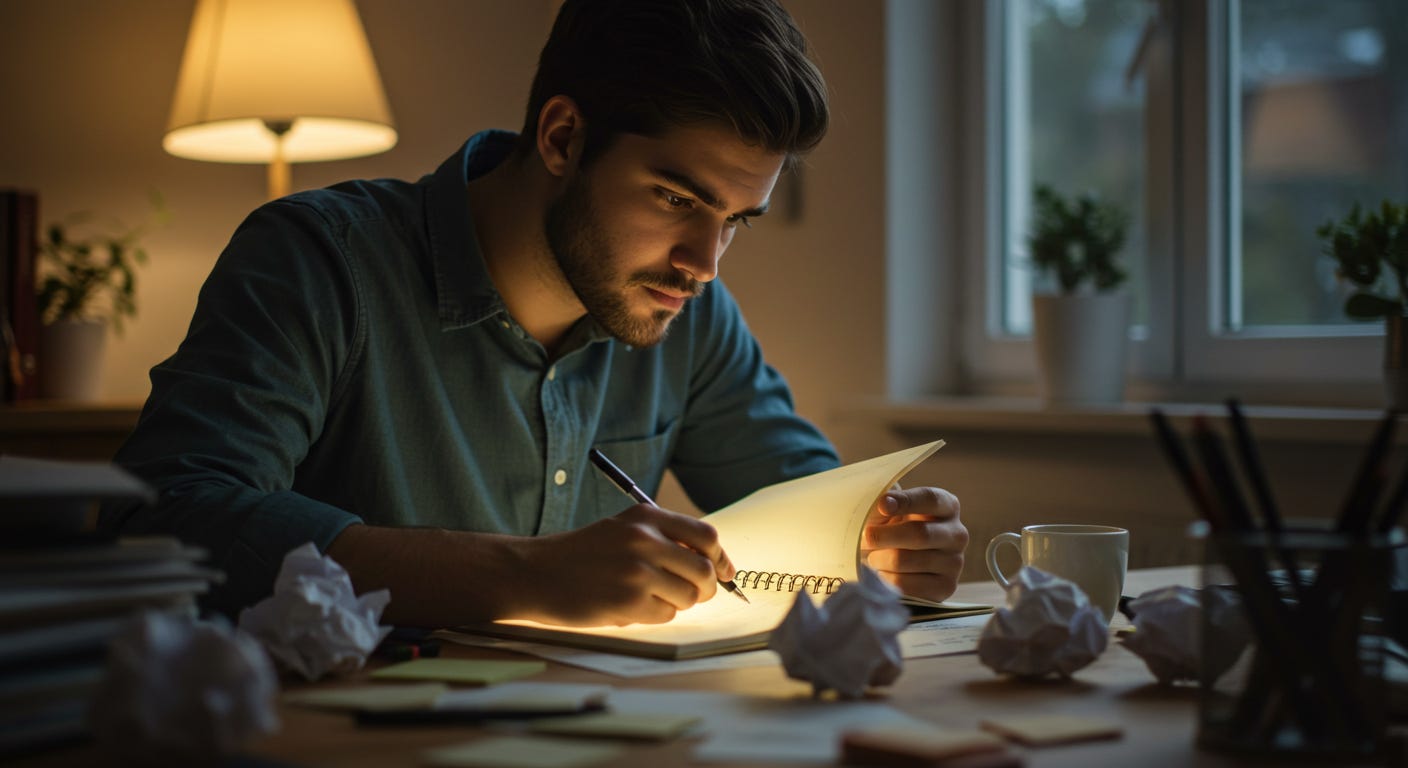 Young person at a desk with crumpled papers, staring at a glowing notebook. Young person at a desk with crumpled papers, staring at a glowing notebook.