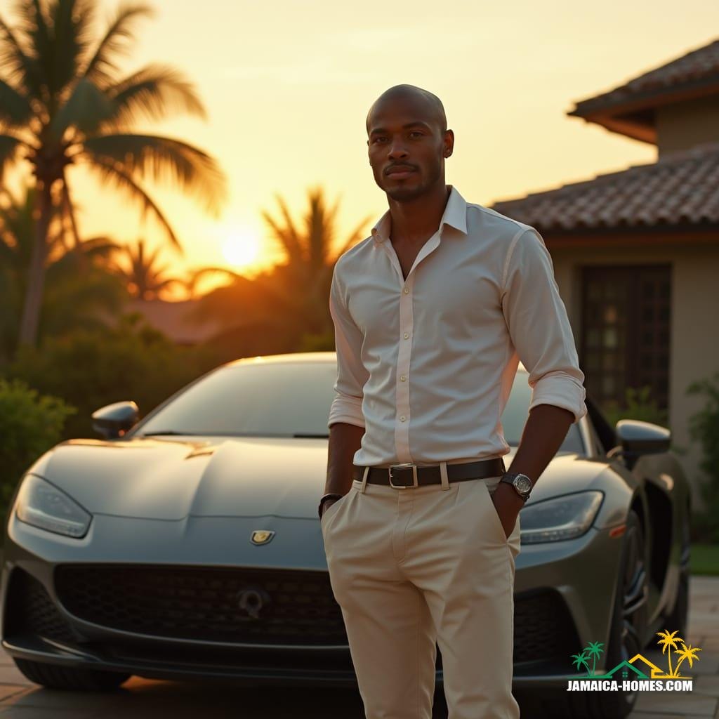 A handsome, real estate agent with a shaved bald head, dressed in a crisp, high-collared, buttoned-up dress shirt, and linen pants, stands poised beside his sleek, luxury car, parked in the driveway of a stunning Jamaican estate. The warm, golden light of dawn casts a cinematic glow on the scene, as if shot on 35mm film with a V-Raptor XL camera, with a subtle film grain and vignette, evoking the aesthetic of renowned cinematographers, such as Emmanuel Lubezki and Roger Deakins. The color palette is rich and vibrant, with a focus on earthy tones, reminiscent of the works of filmmakers, Terrence Malick and Denis Villeneuve. The atmosphere is tranquil, yet anticipatory, as the agent prepares to embark on a new day, exuding an air of confidence and sophistication, much like the characters often portrayed by actors, Idris Elba and David Oyelowo. The overall mood is one of refined elegance, capturing the essence of a perfect Caribbean morning, in a visually stunning, live-action, cinematic masterpiece.