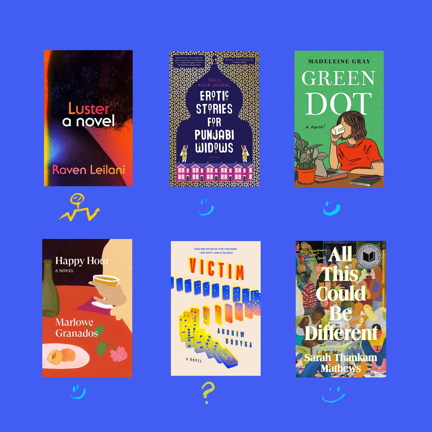 Luster by Raven Leilani (meh) Erotic Stories for Punjabi Widows by Balli Kaur Jaswal (liked) Green Dot by Madeleine Grey(liked) Happy Hour by Marlowe Granados (liked) Victim by Andrew Boryga (it’s complicated) This Could All Be Different by Sarah Thankam Matthews(liked)