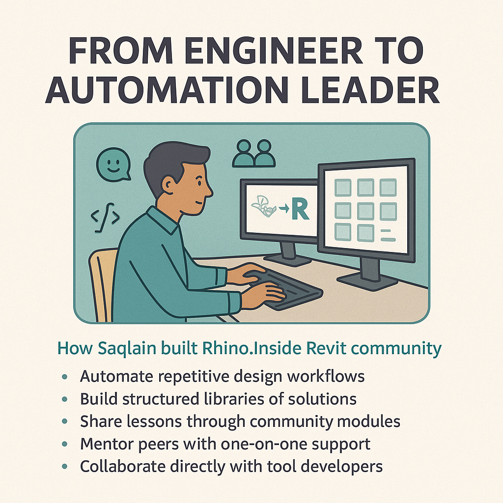 Image showing an engineer at dual monitors linking Rhino to Revit, with text on automation, structured solutions, and community learning.