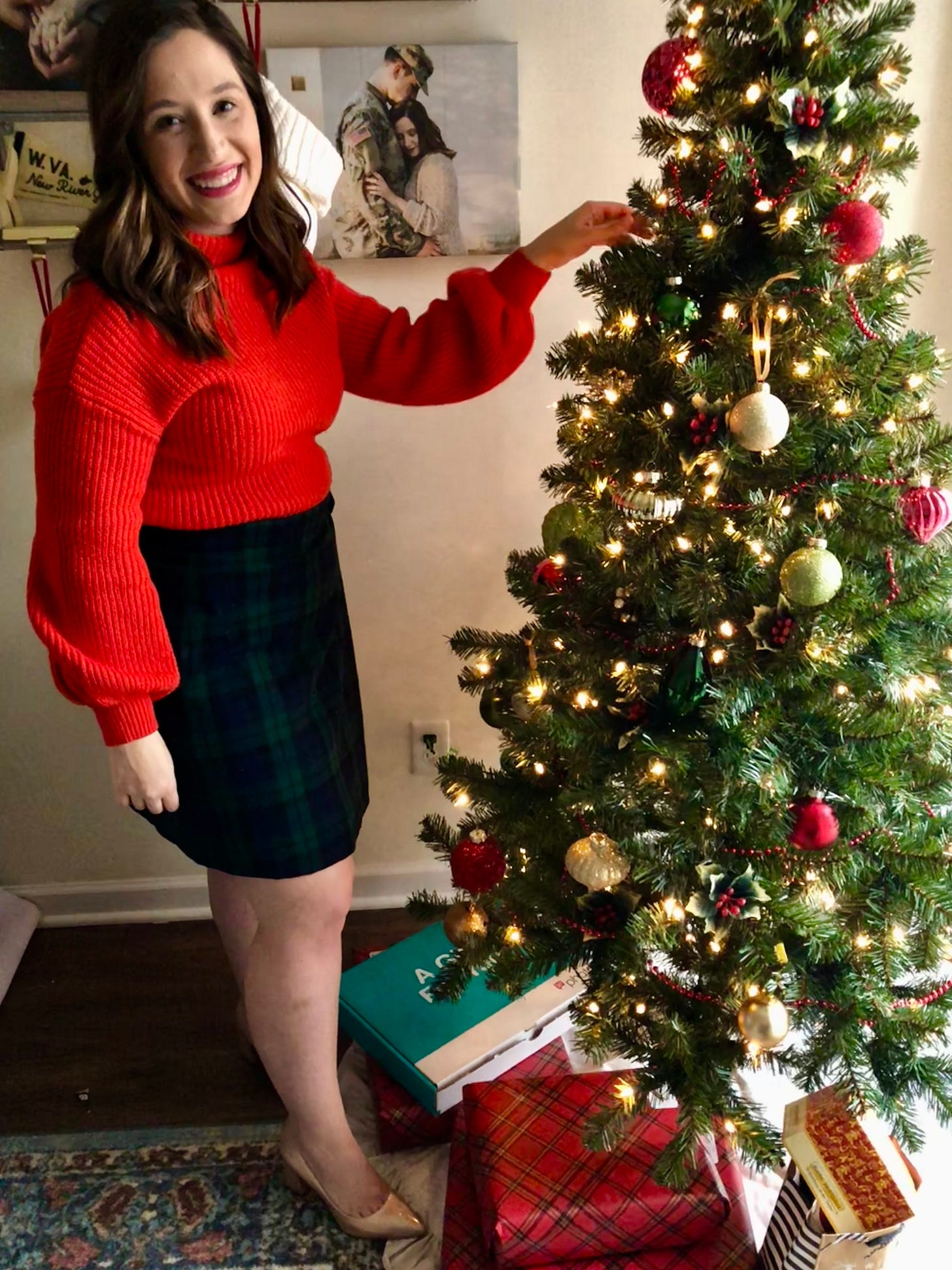 red sweater outfit ideas, plaid skirt outfit ideas, holiday outfit ideas, christmas outfit ideas, instagram outfit ideas, winter outfit ideas