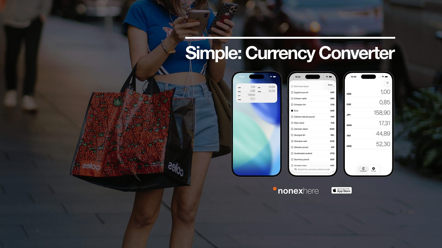 Simple: Currency Converter app interface showing fast currency conversion between multiple currencies, designed for travel use with a clean, minimal and offline-friendly experience.