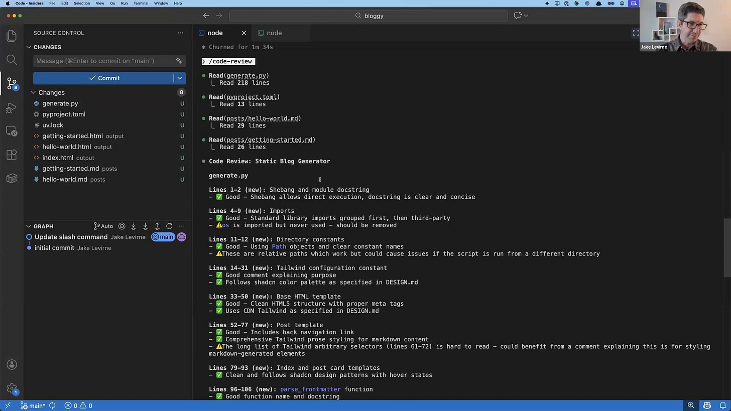 The output of a code review command in the terminal, showing line-by-line analysis and suggestions.